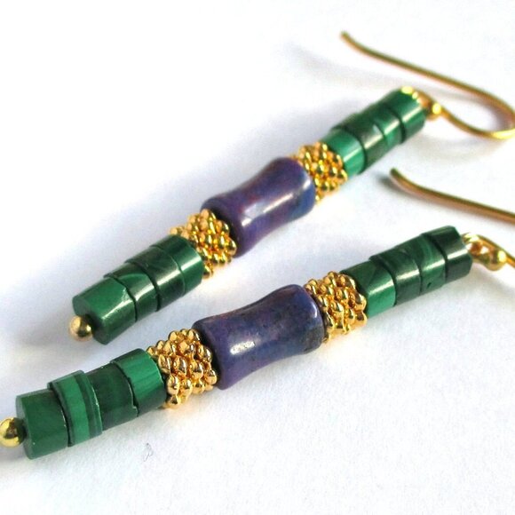Natural Malachite Kingman Purple Turquoise Earrings Gold Vermeil Sterling Silver - Picture 5 of 6